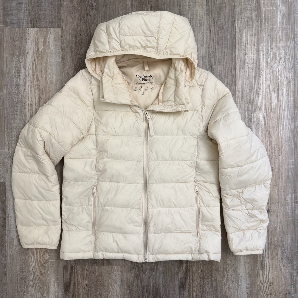 Abercrombie & Fitch W’s Beige Quilted Packable Puffer Hooded Jacket-size Small